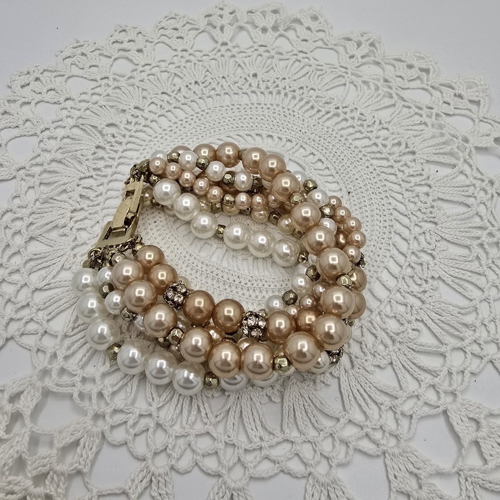 Vintage Imitation Pearl Bracelet Torque Pave Rhinestone 6 Strands 6" - Picture 6 of 7